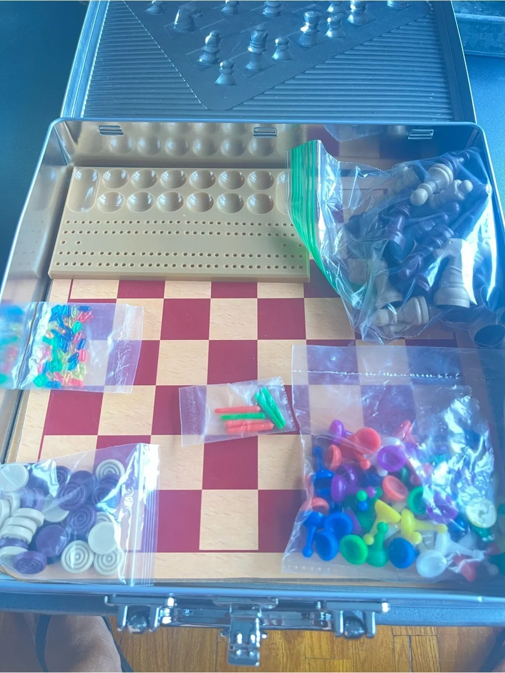 Classic Chess and Board Game Set - Red and Natural with carry case